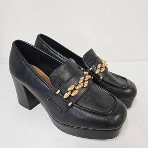 NWOT ASOS DESIGN Womens Black Faux Leather Chunky Heel Platform Loafers‎ Shoes 6